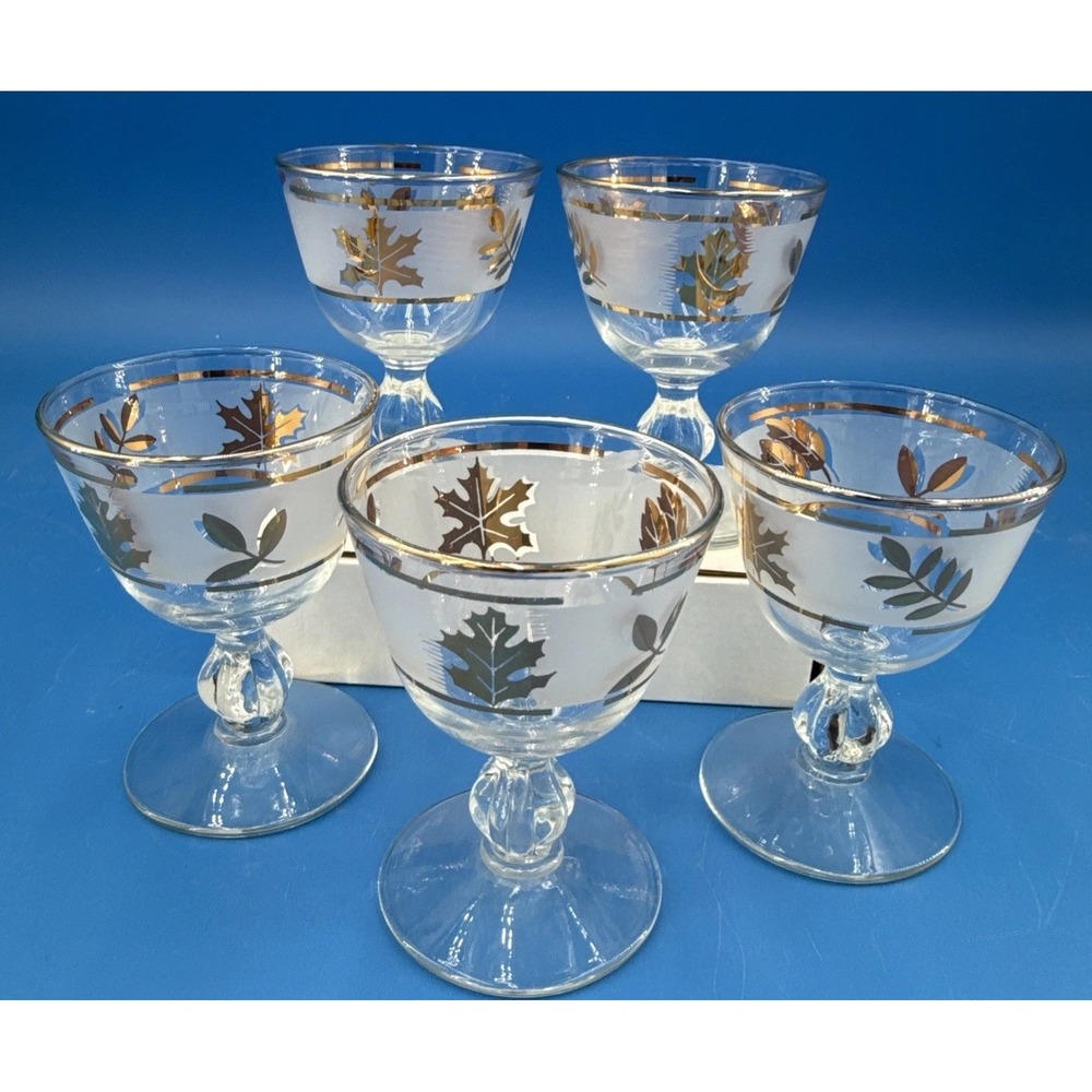 Vintage Set of 5 Libbey Starlyte Gold Leaf Frosted Sherbet Champagne Glasses MCM